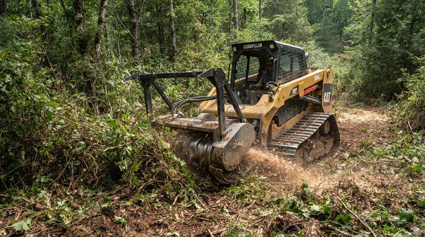 Tracked forestry mulcher processing dense underbrush