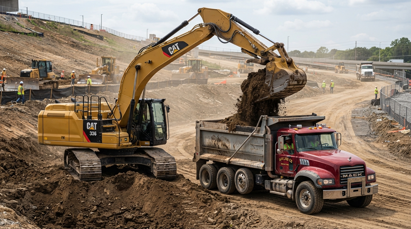 Excavator loading dirt into dump truck at an active excavation site in Texas