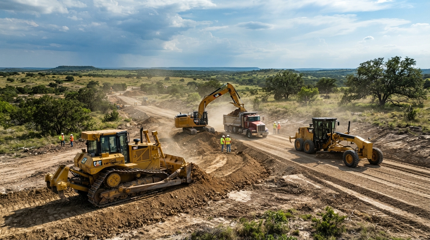 Heavy earthmoving machinery actively shaping and leveling an uneven site