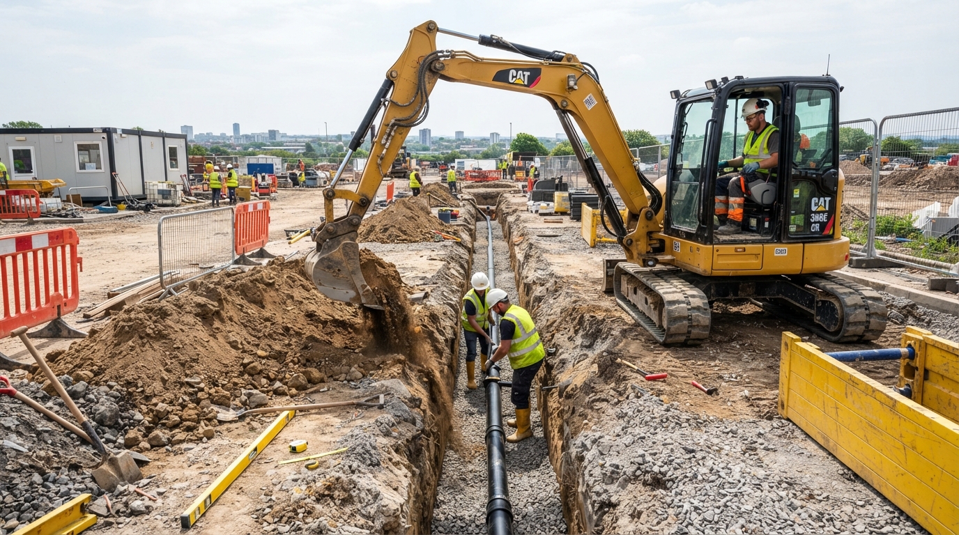 Mini excavator digging a narrow utility trench for underground pipe installation