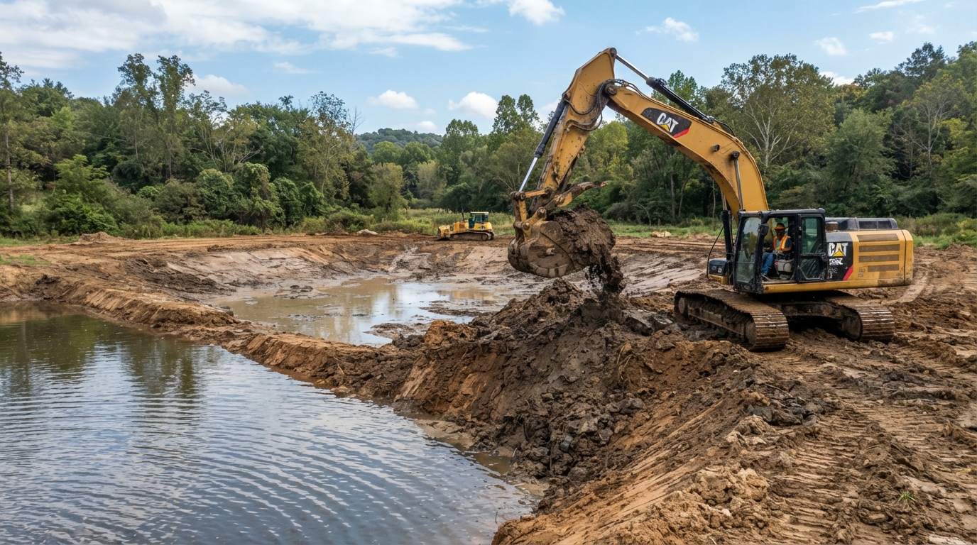 Excavator enlarging an existing pond on rural property near Denton Texas