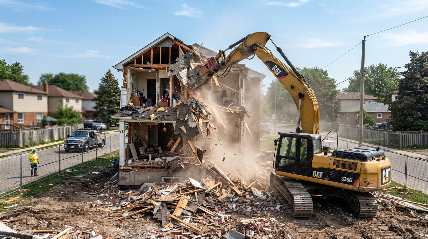 Excavator performing house demolition on a residential structure in Denton TX