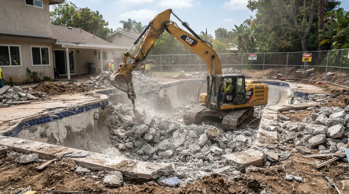 Excavator performing pool demolition and backfill in Denton TX
