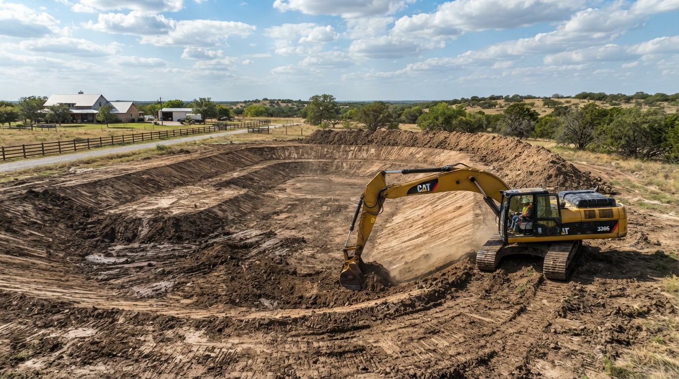 Active pond excavation on a rural land property showing an excavator shaping a pond basin