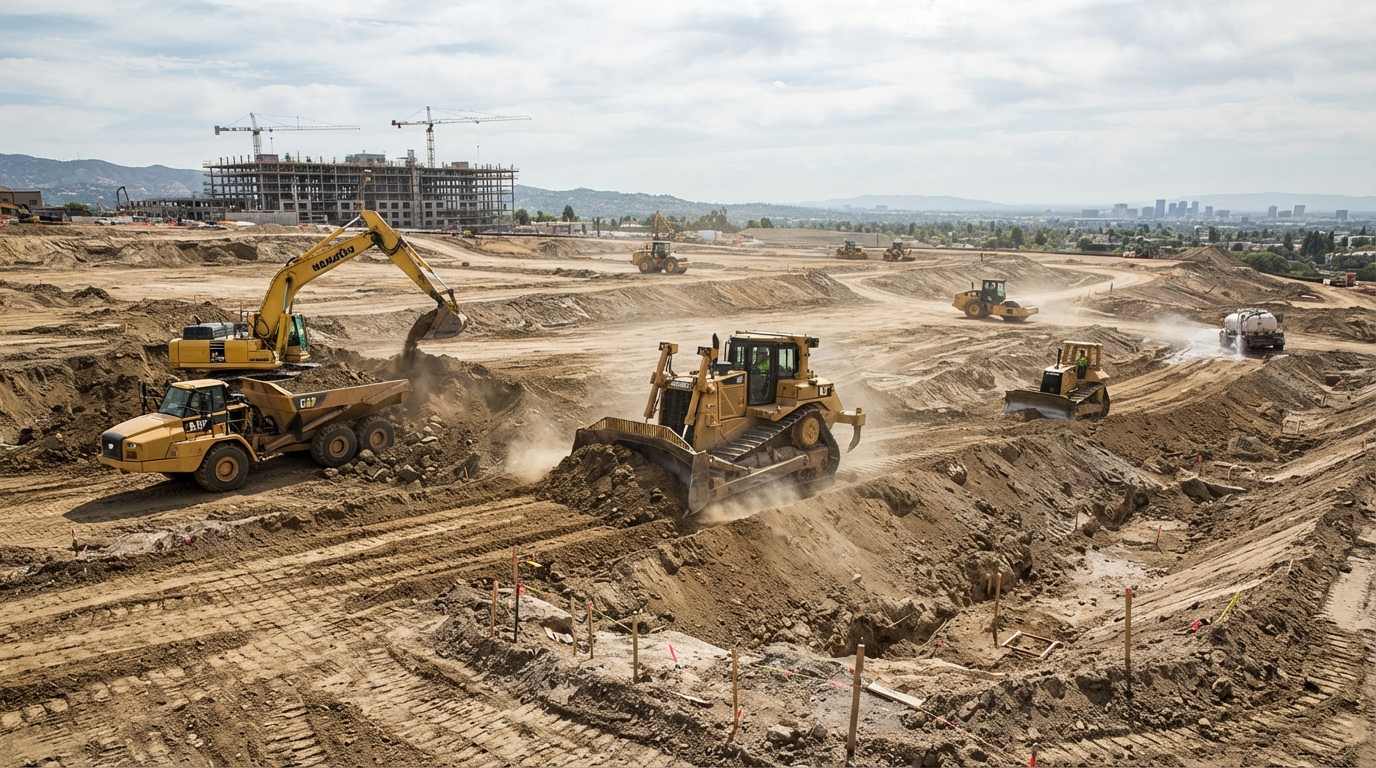 Rough grading on a raw building construction site