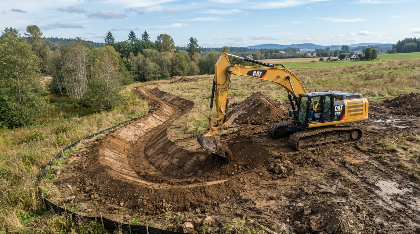 Property drainage excavation with heavy excavator shaping a controlled runoff ditch