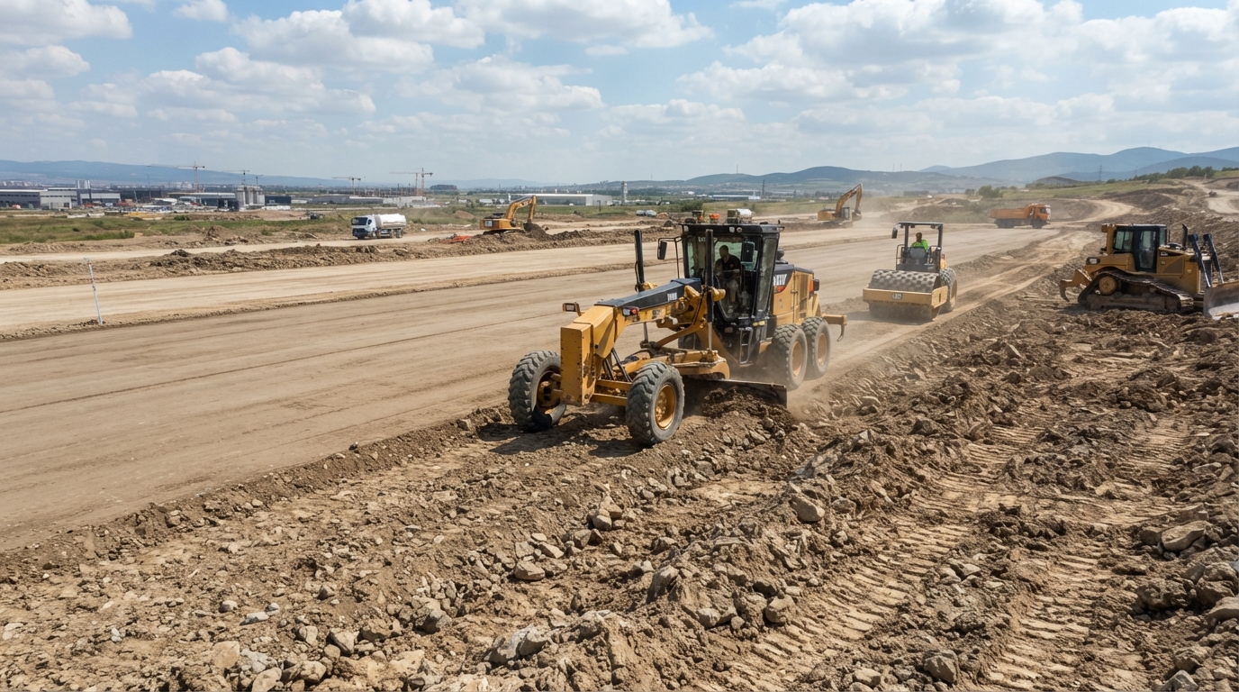 Land leveling equipment reshaping uneven property near Denton Texas