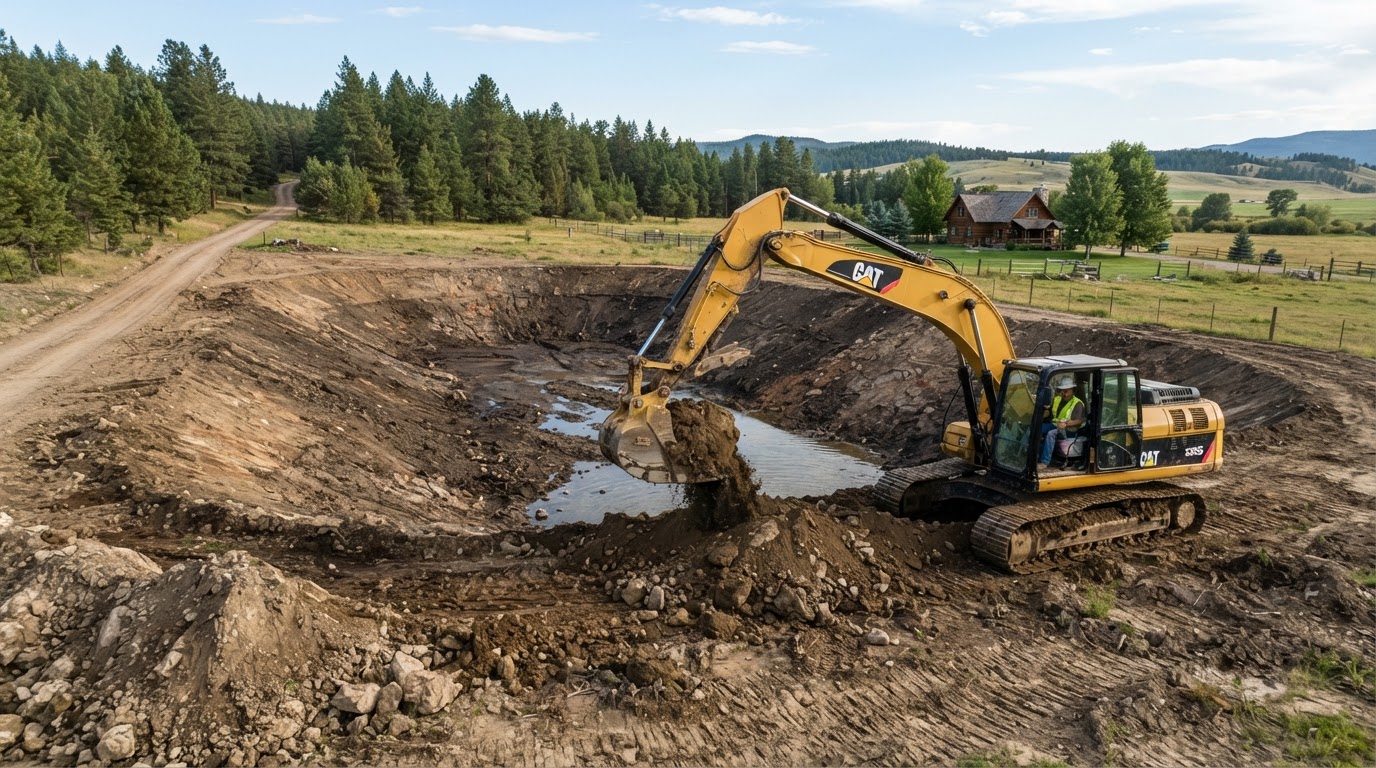 Excavator working on a pond