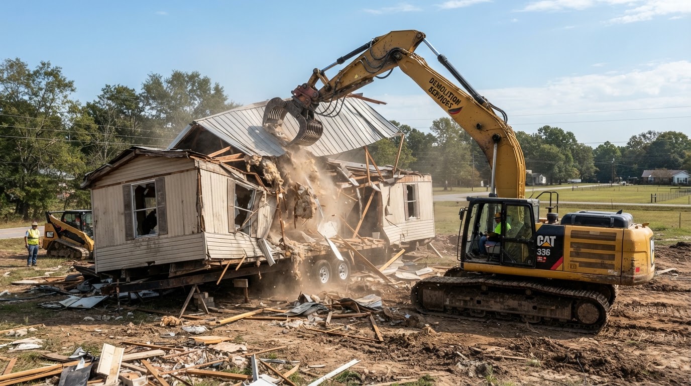 Excavator performing mobile home demolition in Denton TX