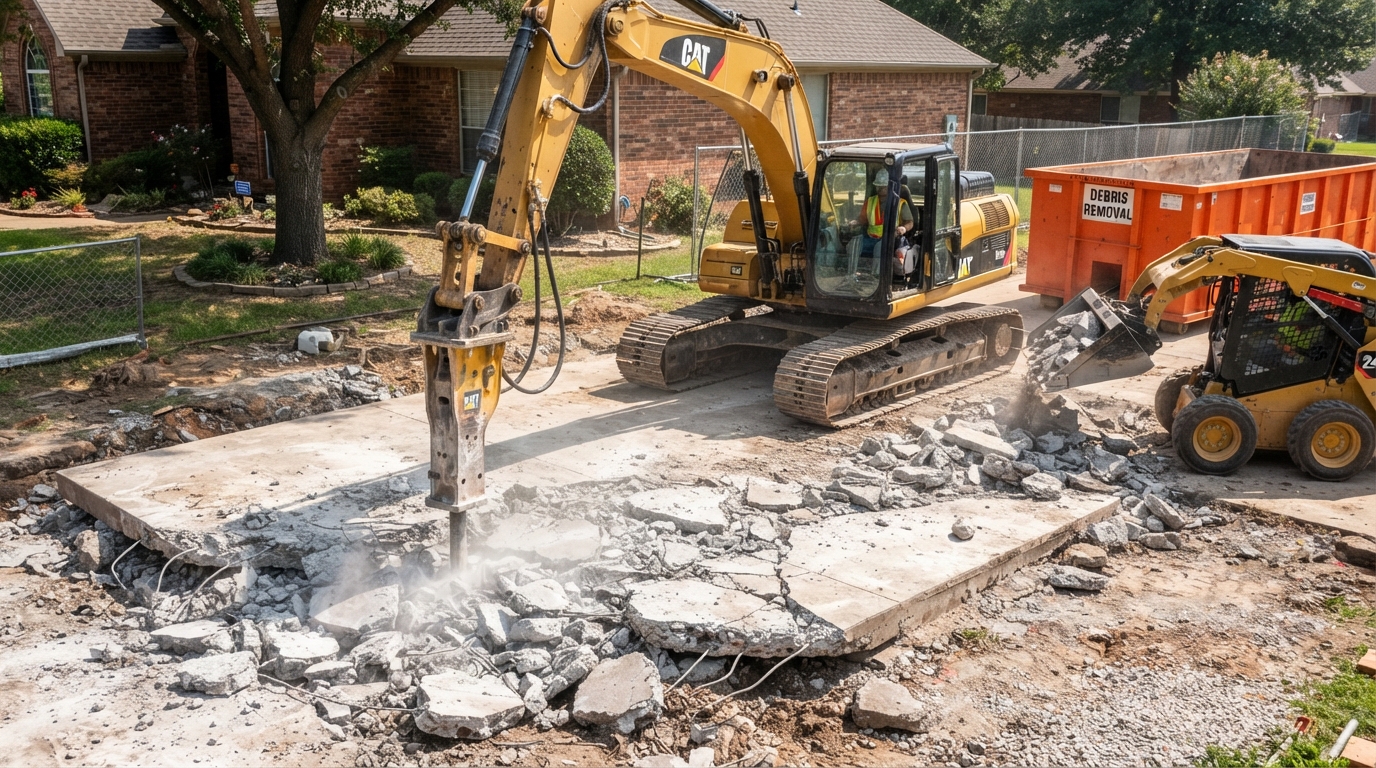 Excavator with hydraulic breaker breaking concrete slab in Denton TX