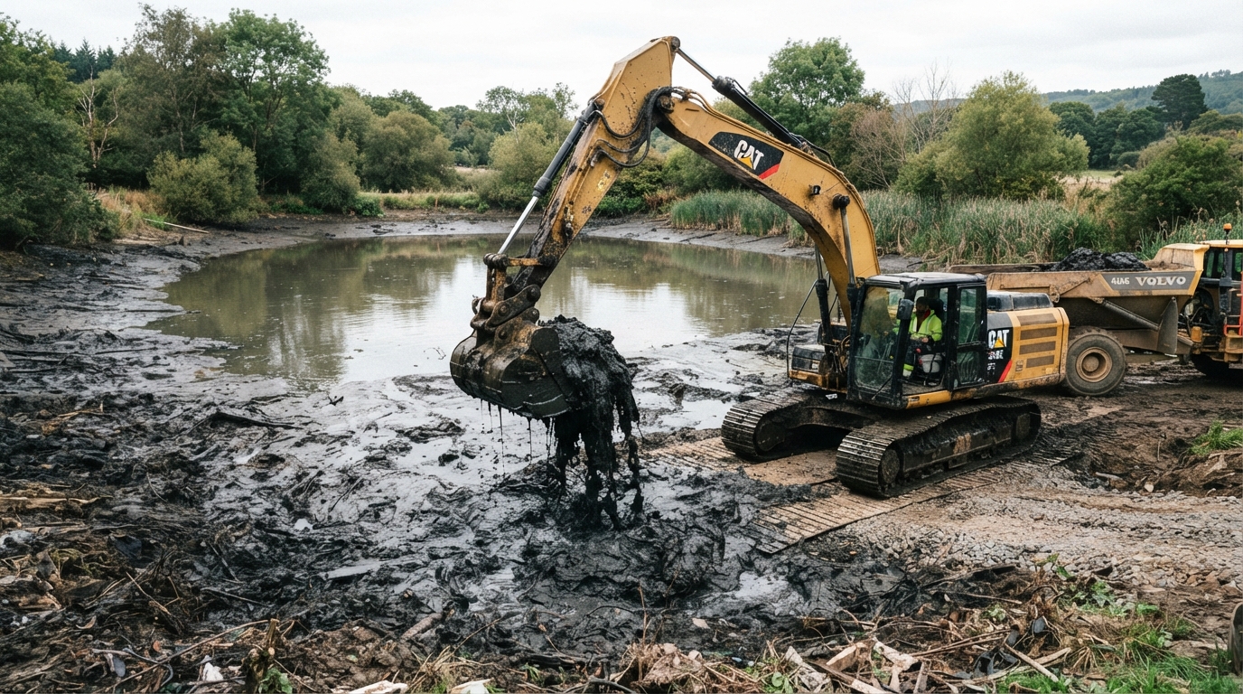 Excavator removing accumulated sediment during a pond cleanout near Denton Texas