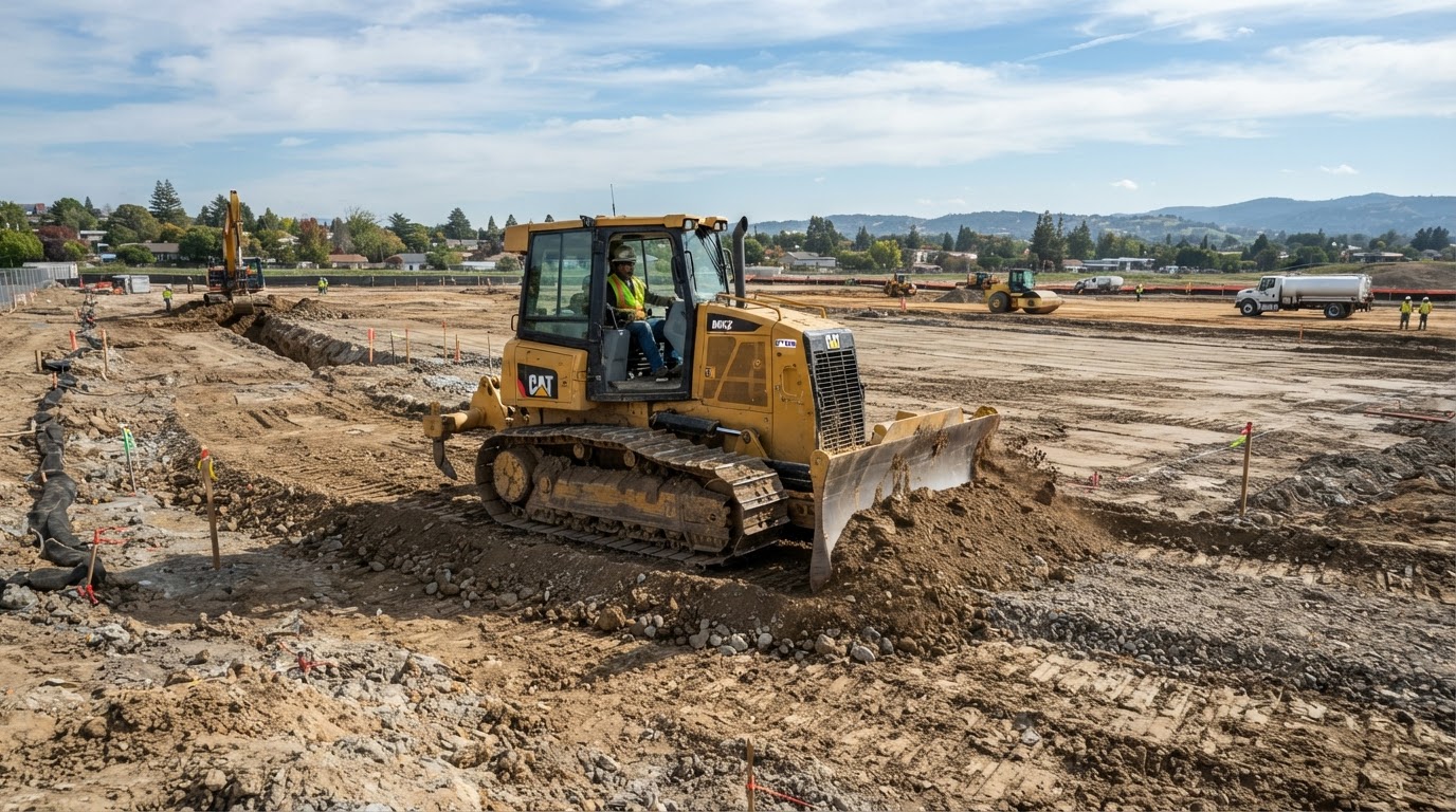 Machine grading and leveling an open site