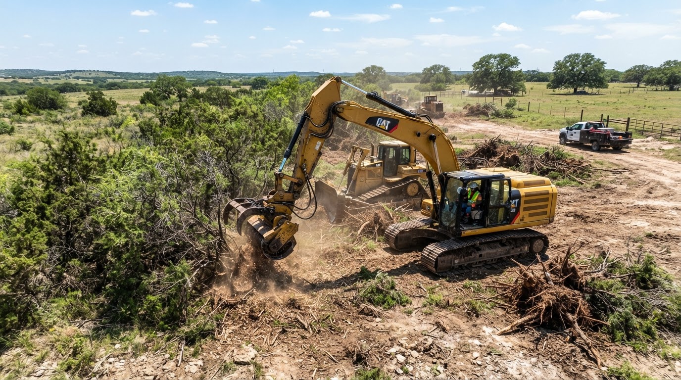 Earthmoving equipment clearing brush on an overgrown North Texas property