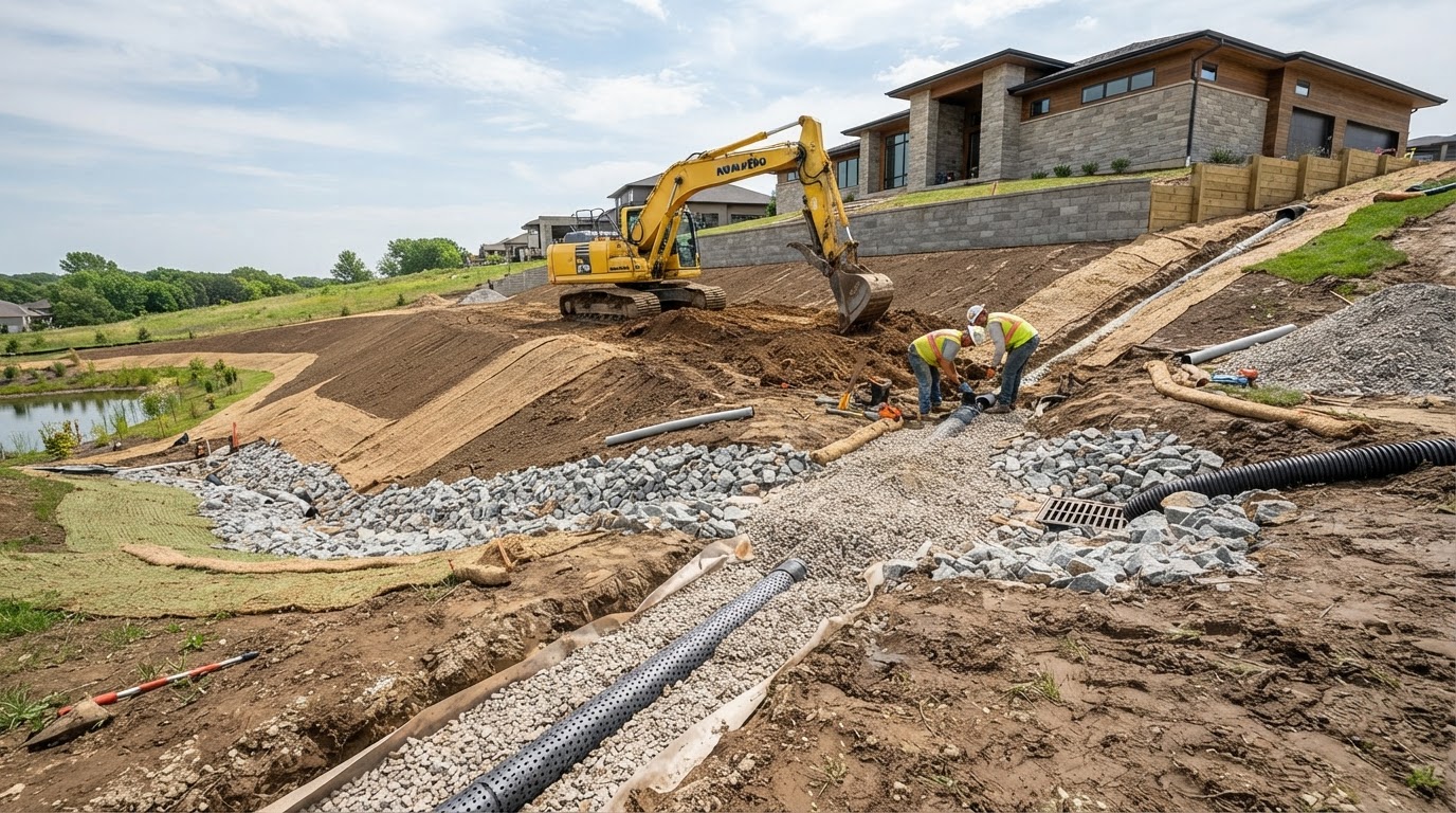 Property drainage excavation with heavy excavator shaping a controlled runoff ditch