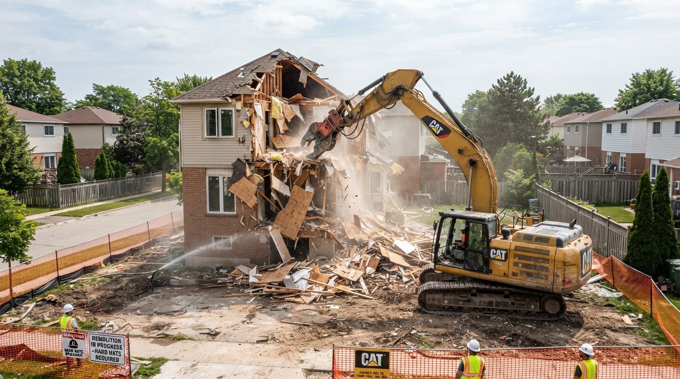 Excavator performing structure demolition