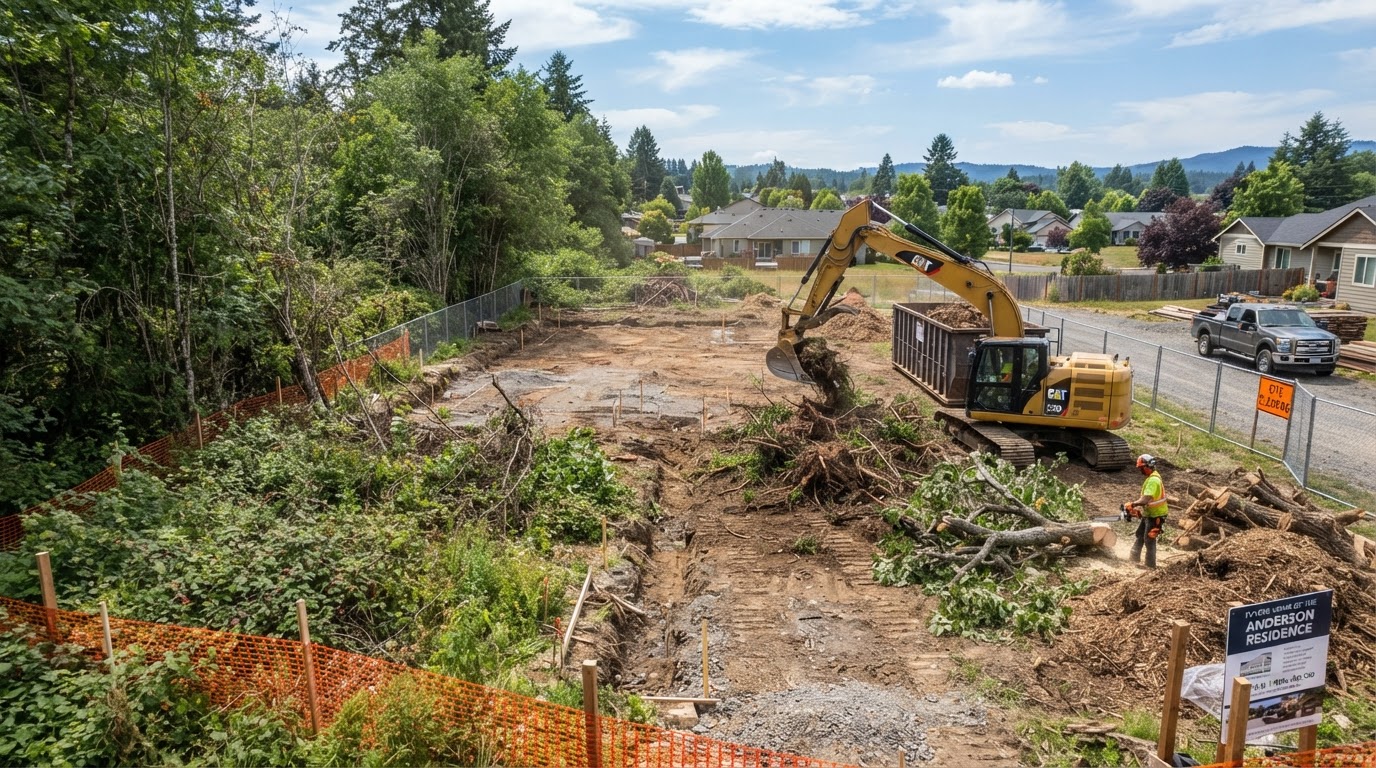 Overgrown lot being cleared for a future building site
