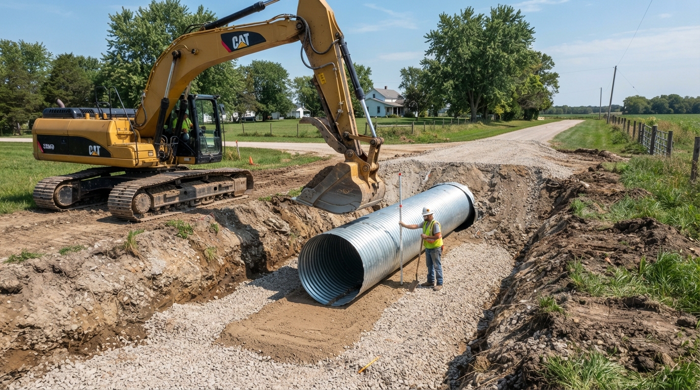 Excavator installing corrugated driveway culvert pipe beneath driveway crossing
