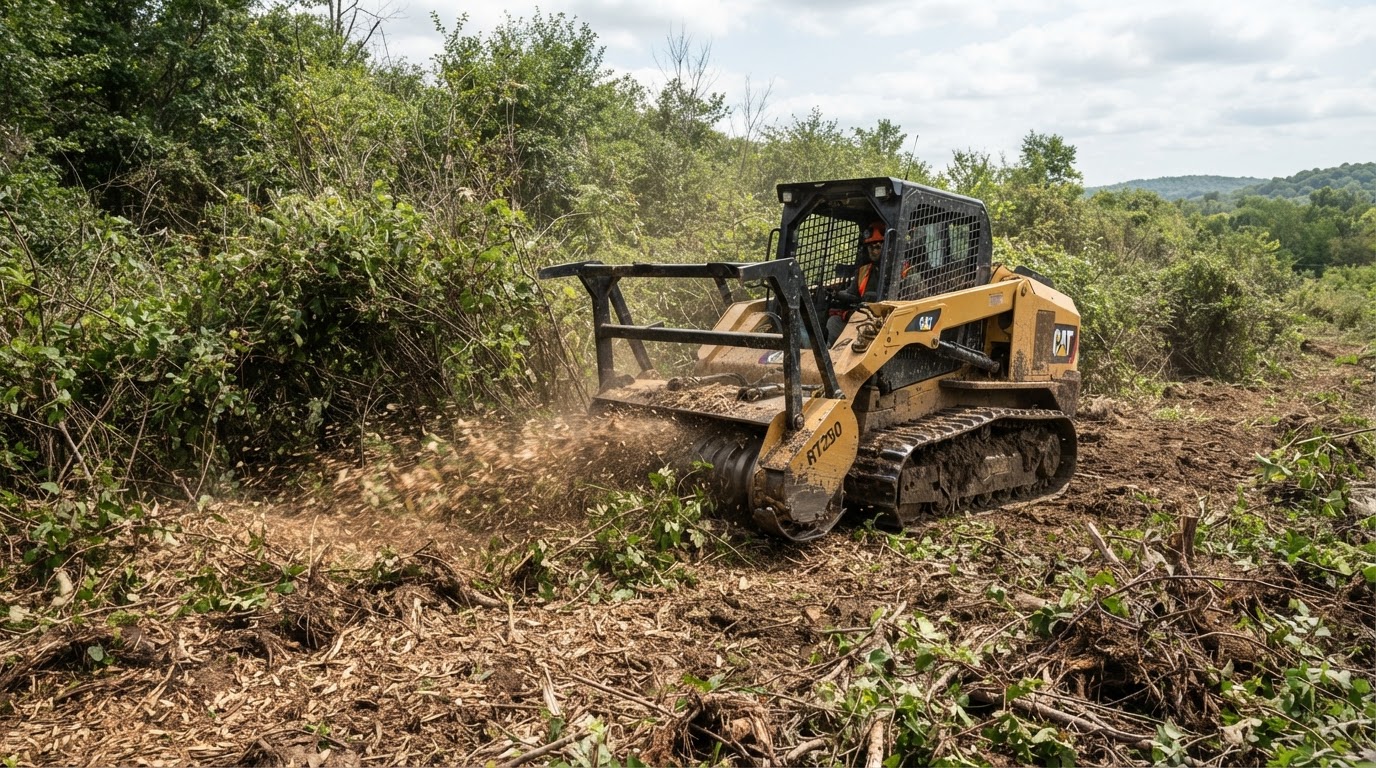 Heavy machinery removing dense overgrown brush and vines