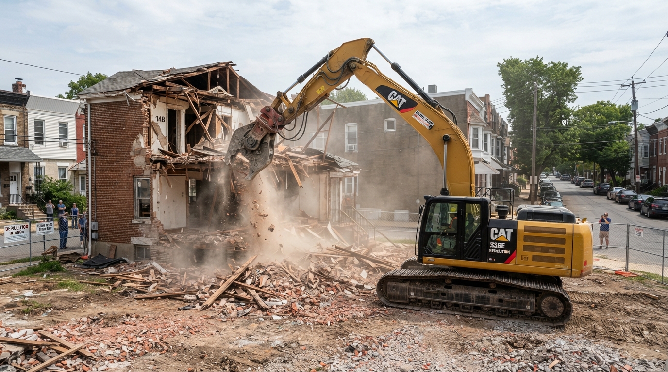 Excavator performing low-rise structure demolition
