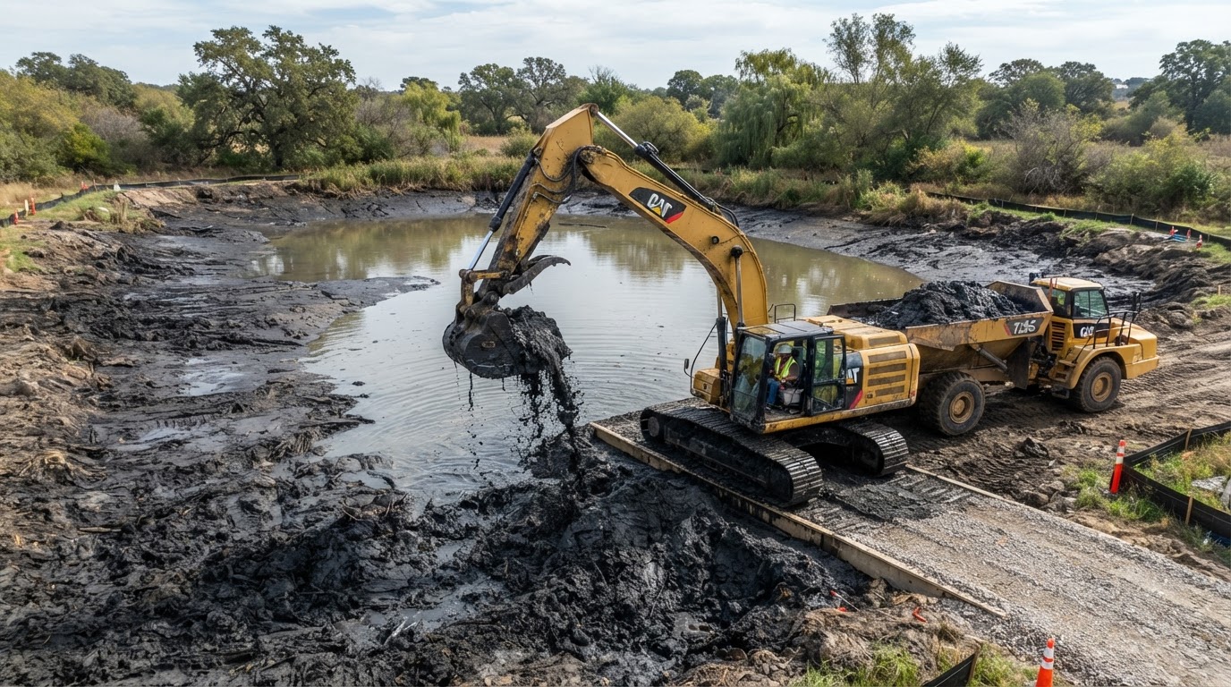 Excavator removing accumulated sediment and muck from an existing pond basin