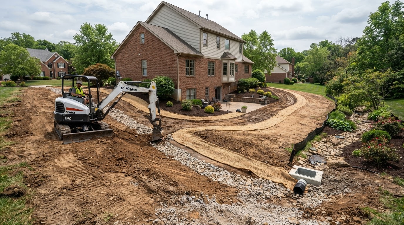 Regrading and site excavation correcting standing water and yard drainage runoff