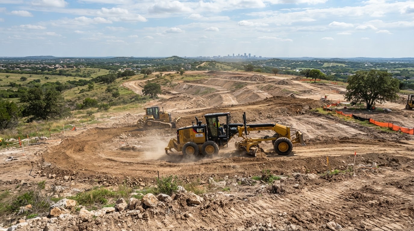 Heavy earthmoving machinery actively shaping and leveling an uneven site