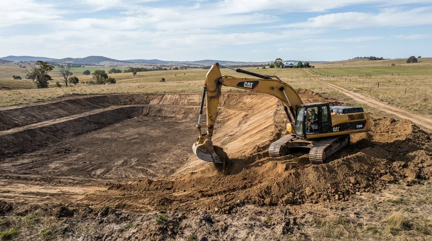 Excavator constructing a new pond basin on acreage near Denton Texas