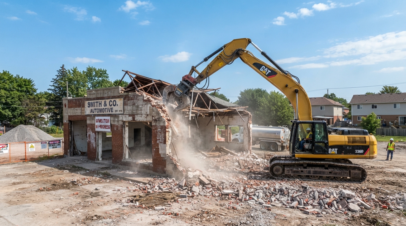 Excavator performing low-rise structure demolition