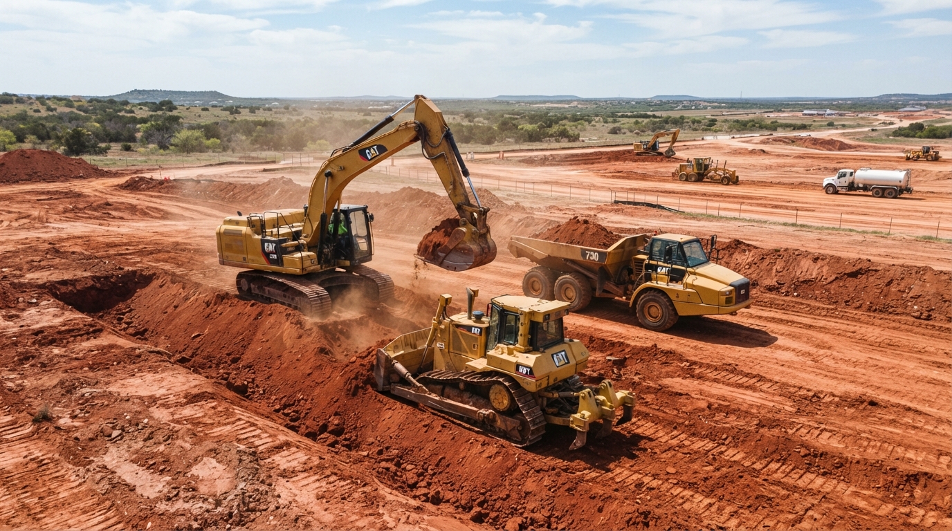 Earthmoving equipment preparing an open site