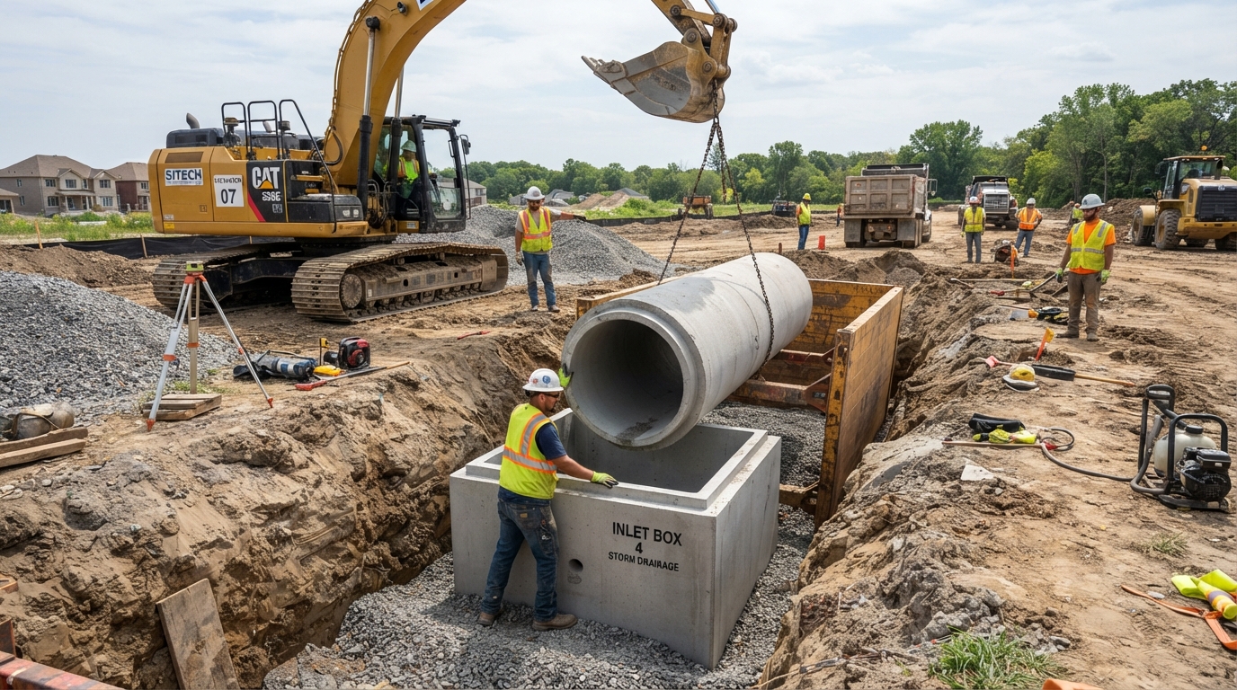 Setting a large concrete stormwater drain pipe and inlet box underground for retention drainage