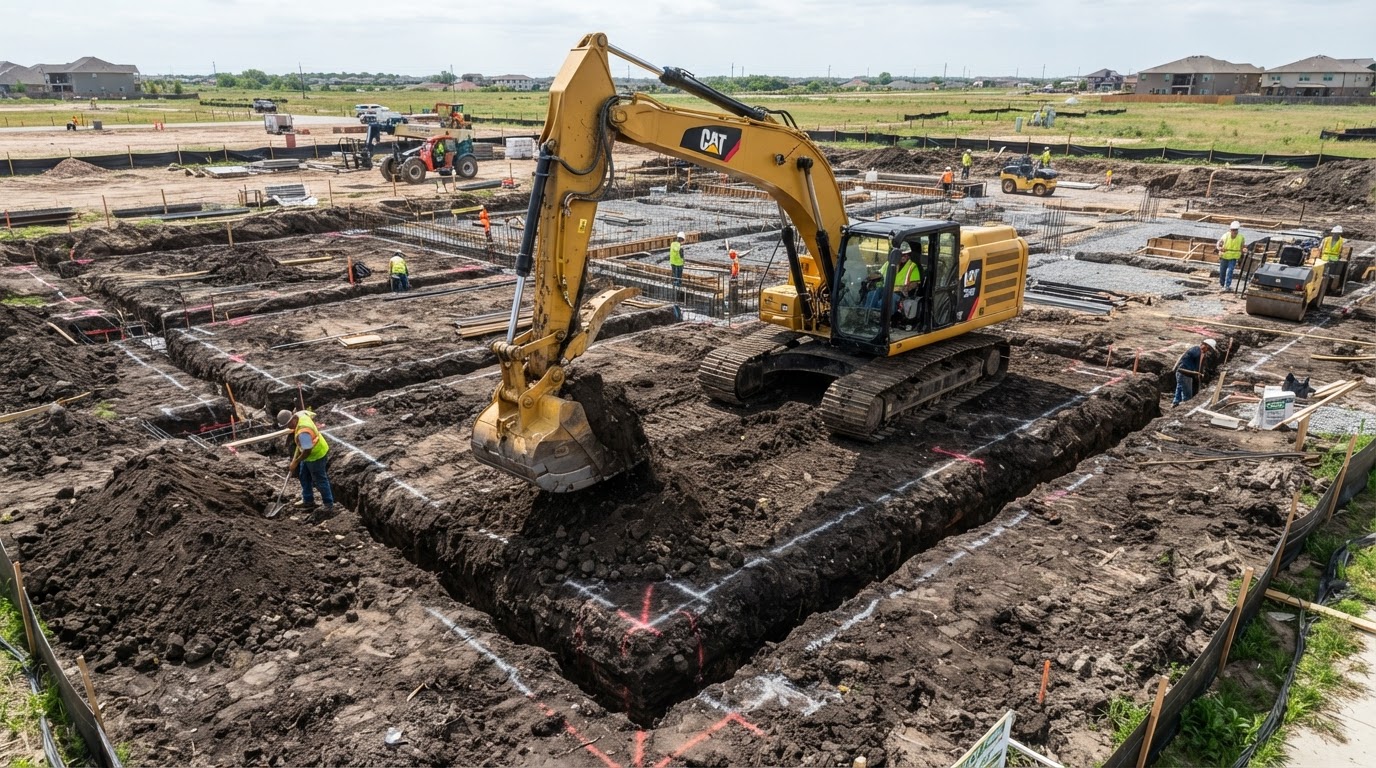 Excavator digging clean footing trenches for a building foundation in Texas
