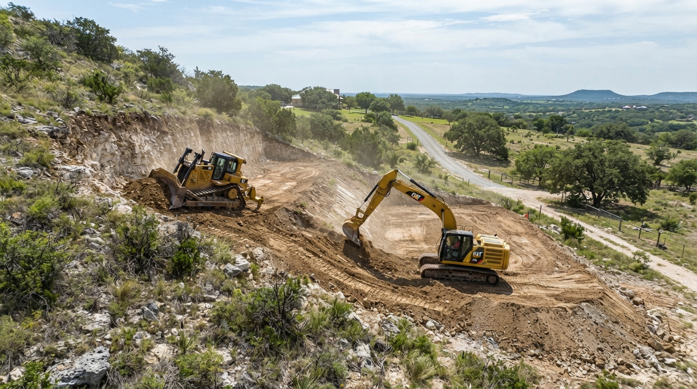 Equipment balancing soil during cut-and-fill work