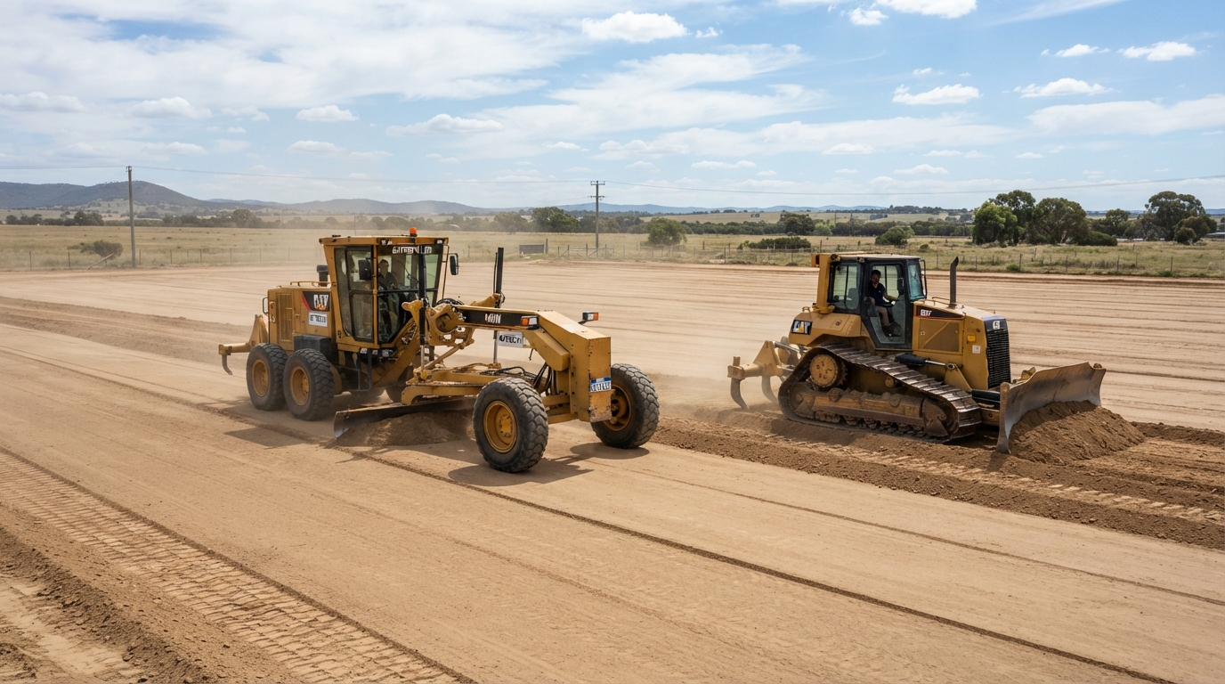 Machine grading and leveling an open site