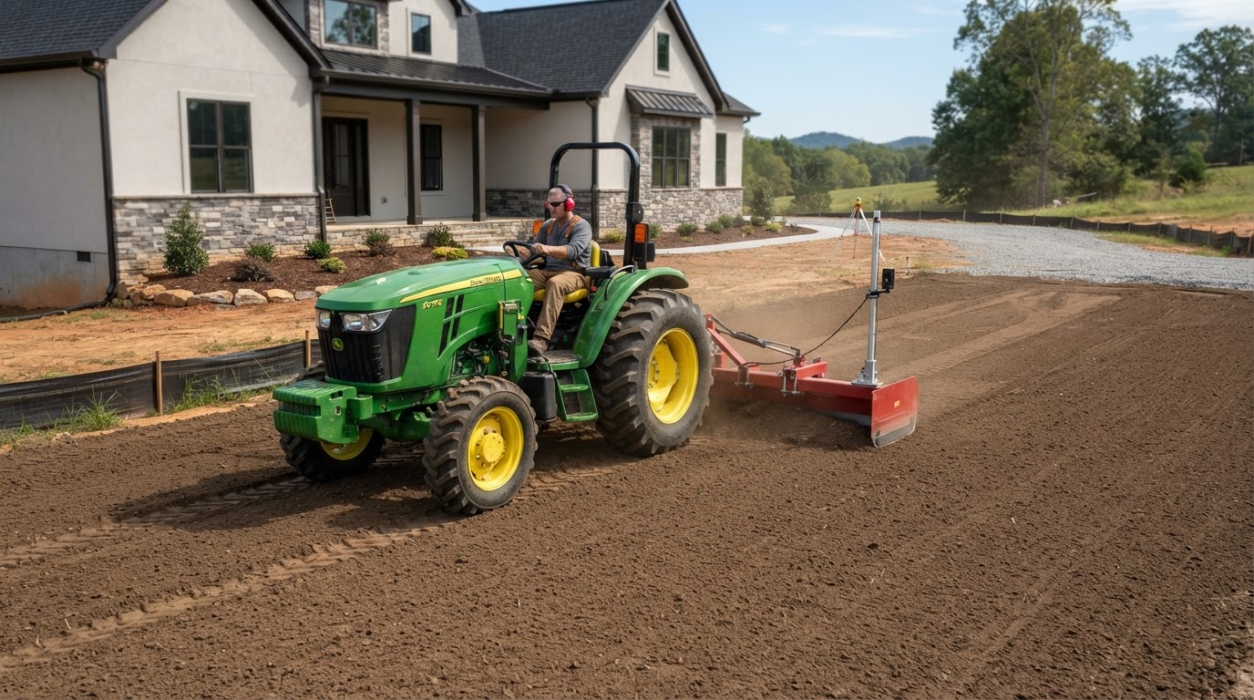 Laser-guided equipment performing finish grading around a site