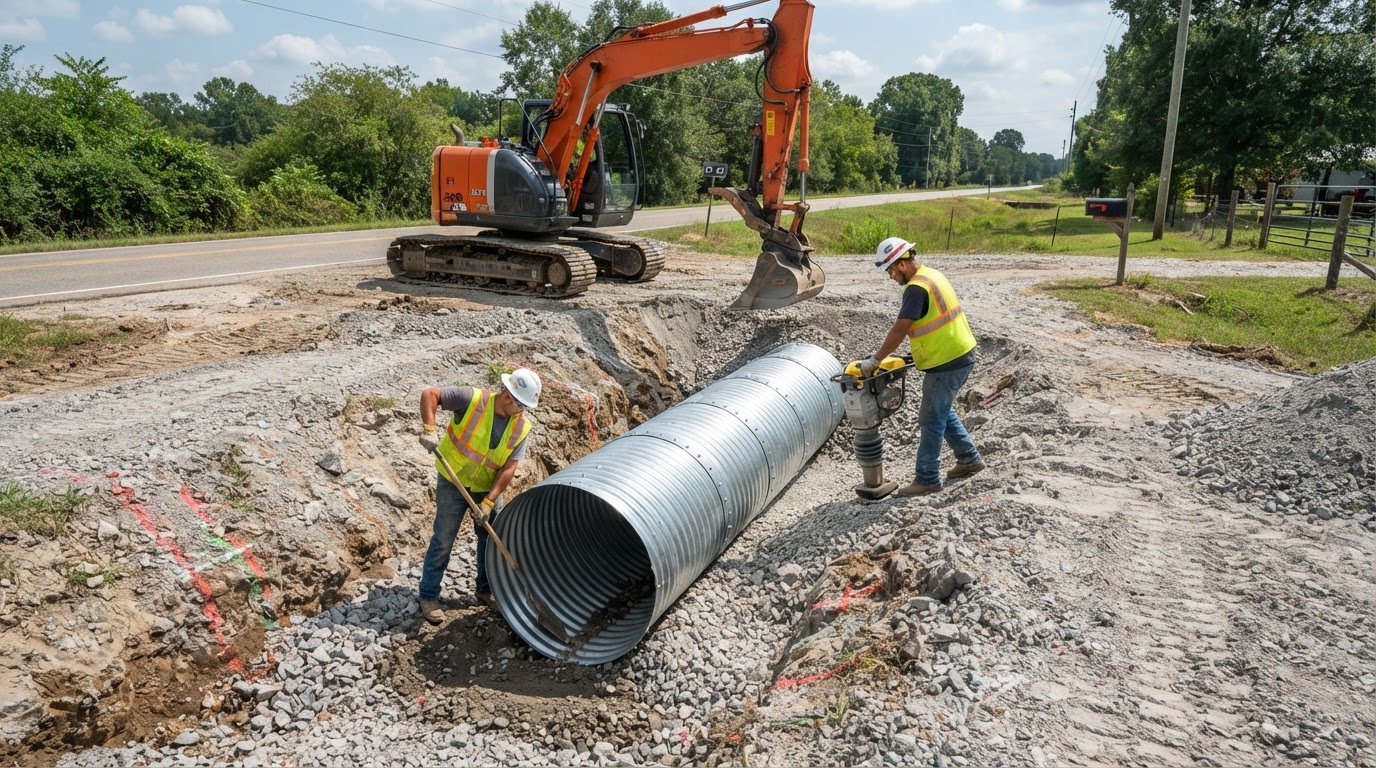 Corrugated culvert pipe being installed beneath a driveway crossing
