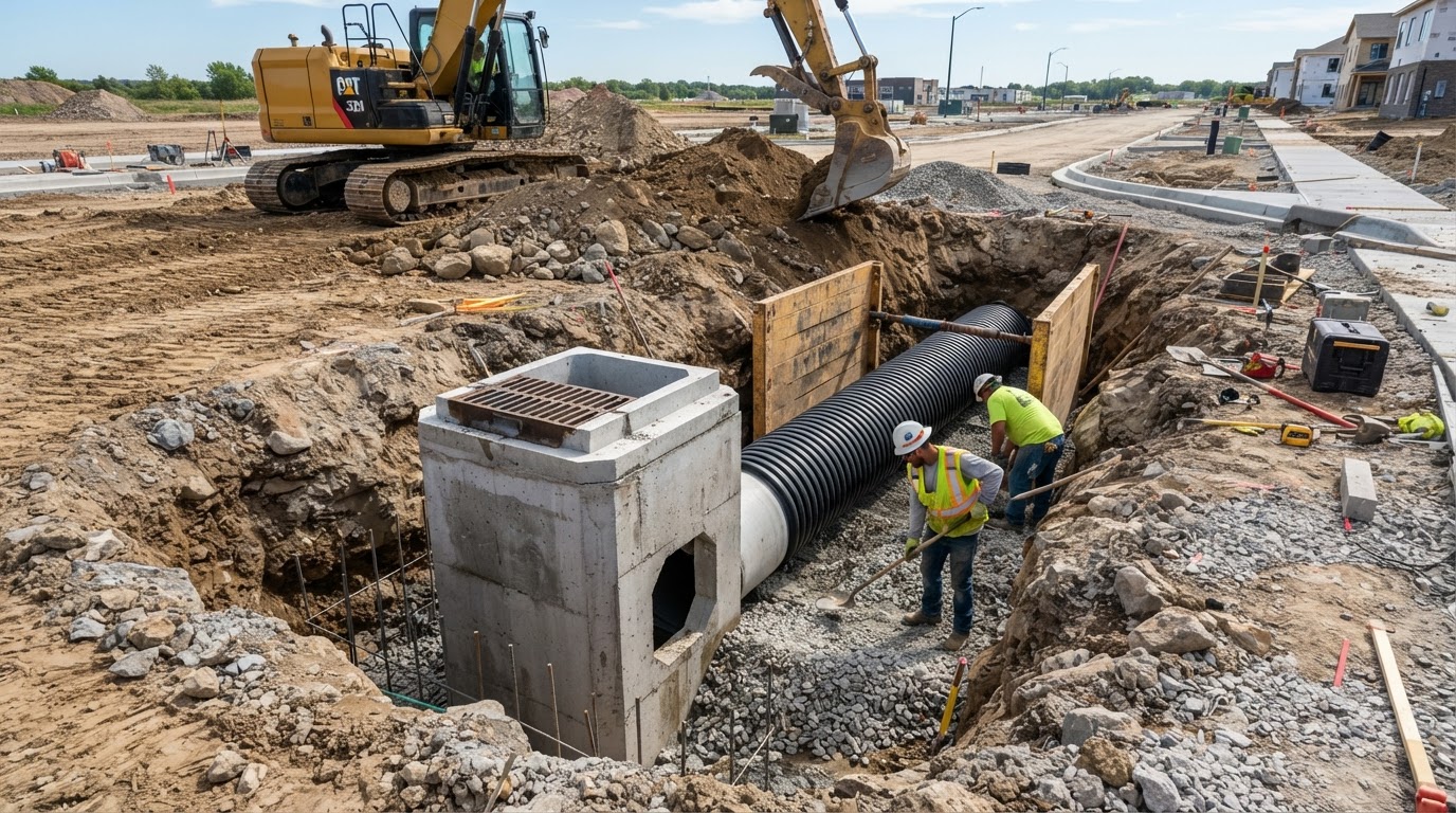 Stormwater drainage inlet and pipe installation at a construction site