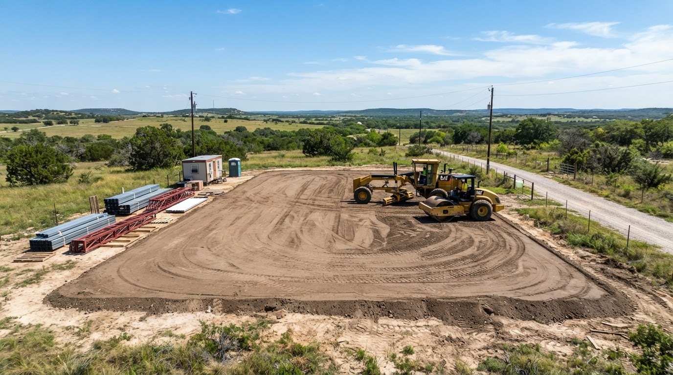 Broad level pad prepared for a detached shop, metal building, or agricultural barn