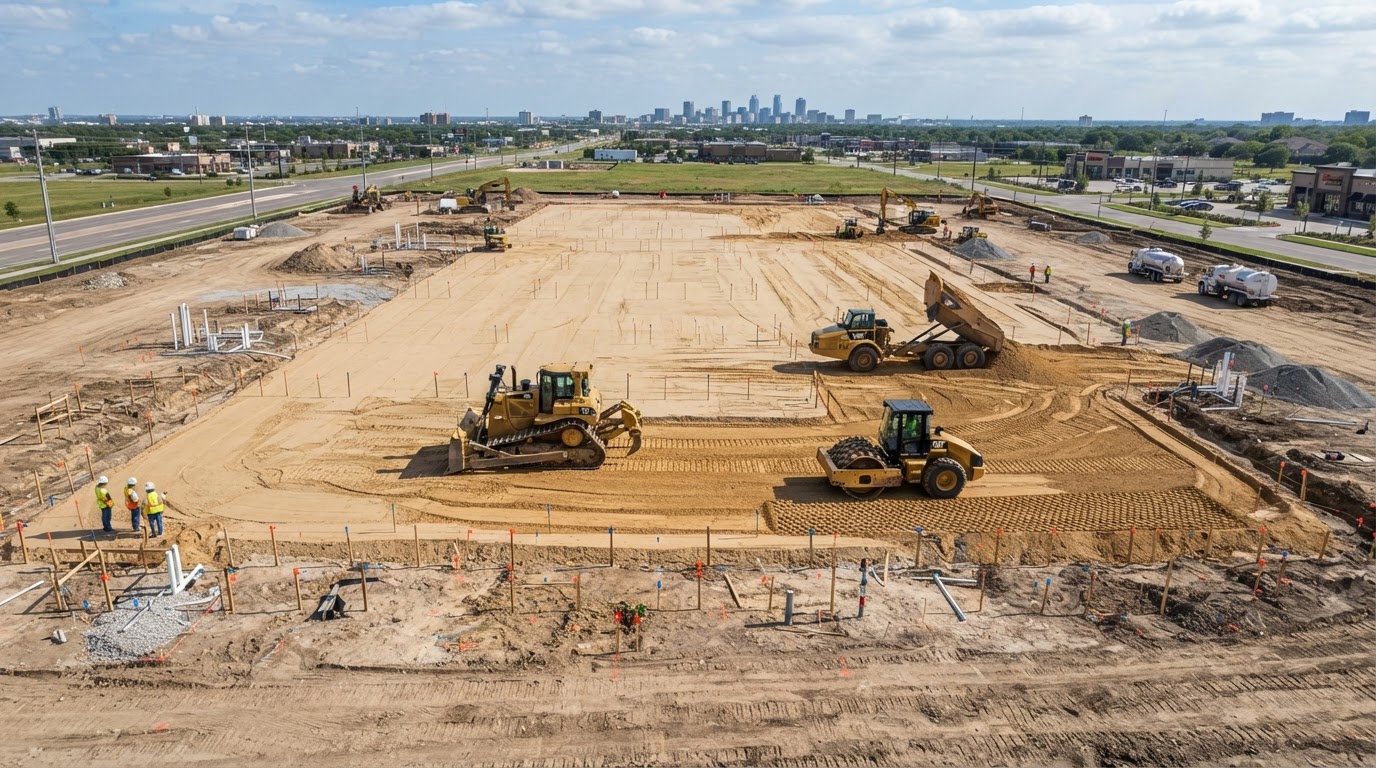 Commercial building pad preparation at a large construction site