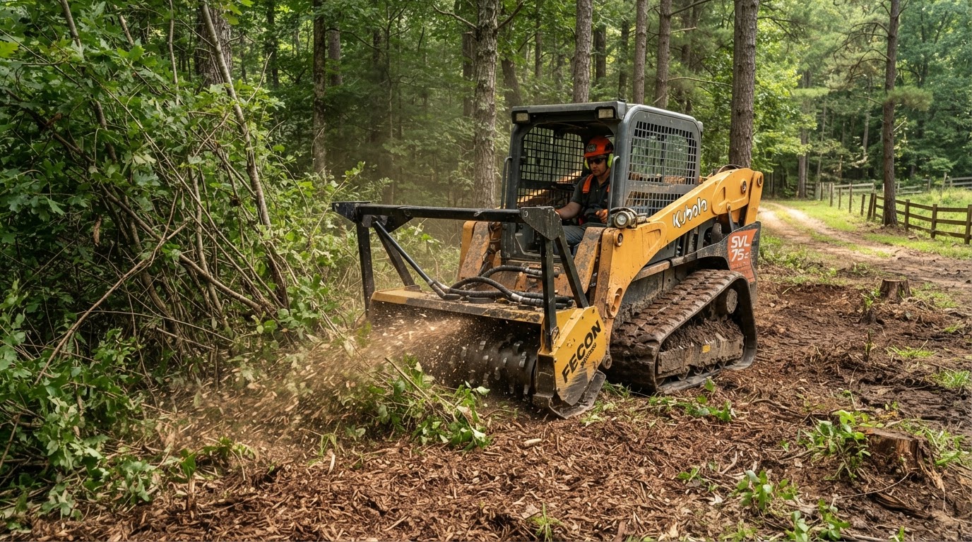 Forestry mulcher attachment actively processing brush into wood mulch