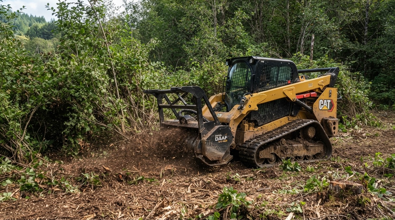 Forestry mulcher clearing brush from a property