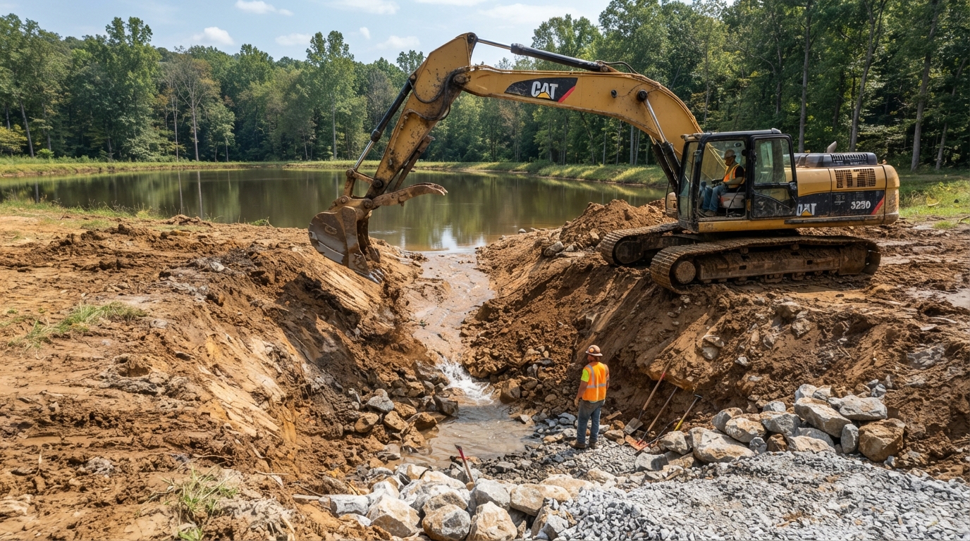 Excavator repairing an eroded pond spillway near Denton Texas
