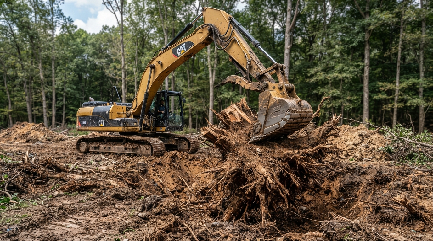 Excavator extracting a tree stump and root ball from the ground