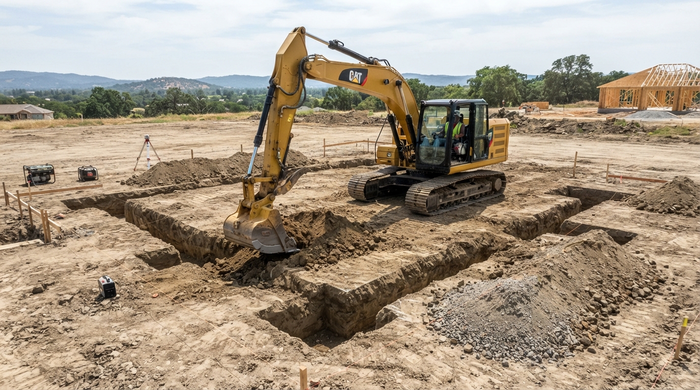 Excavator digging a building foundation area