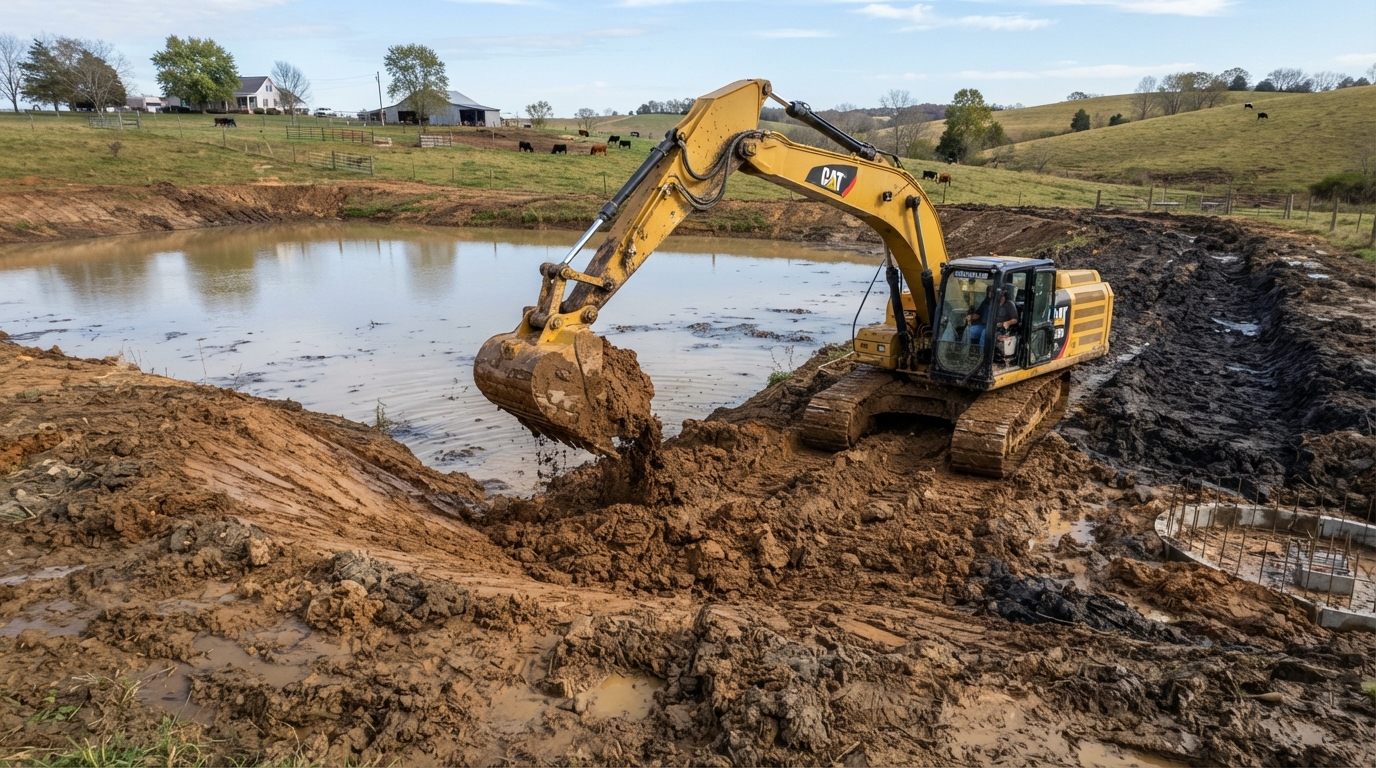 Excavator working on a pond