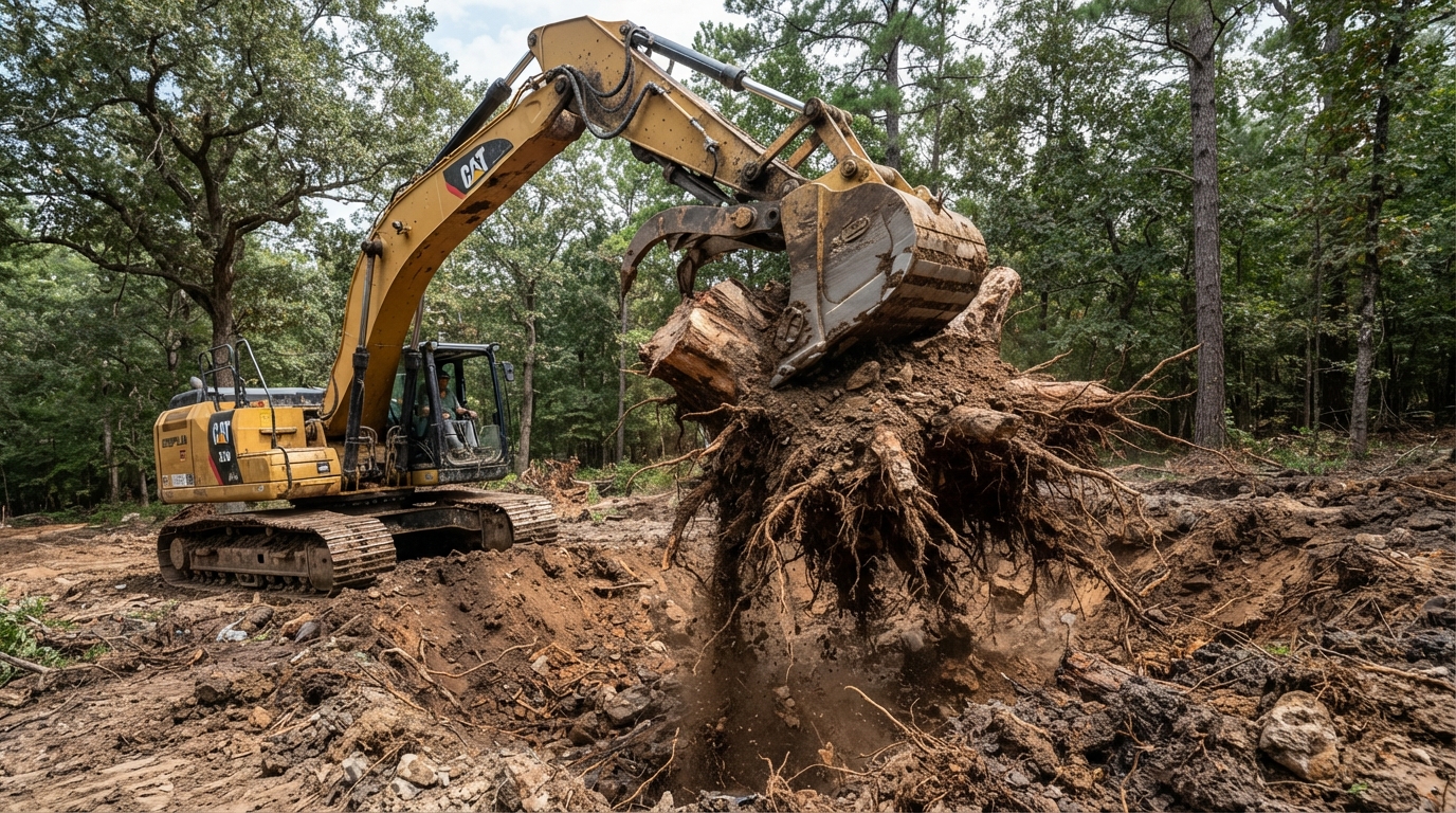 Excavator pulling a large tree stump and root ball out of the dirt