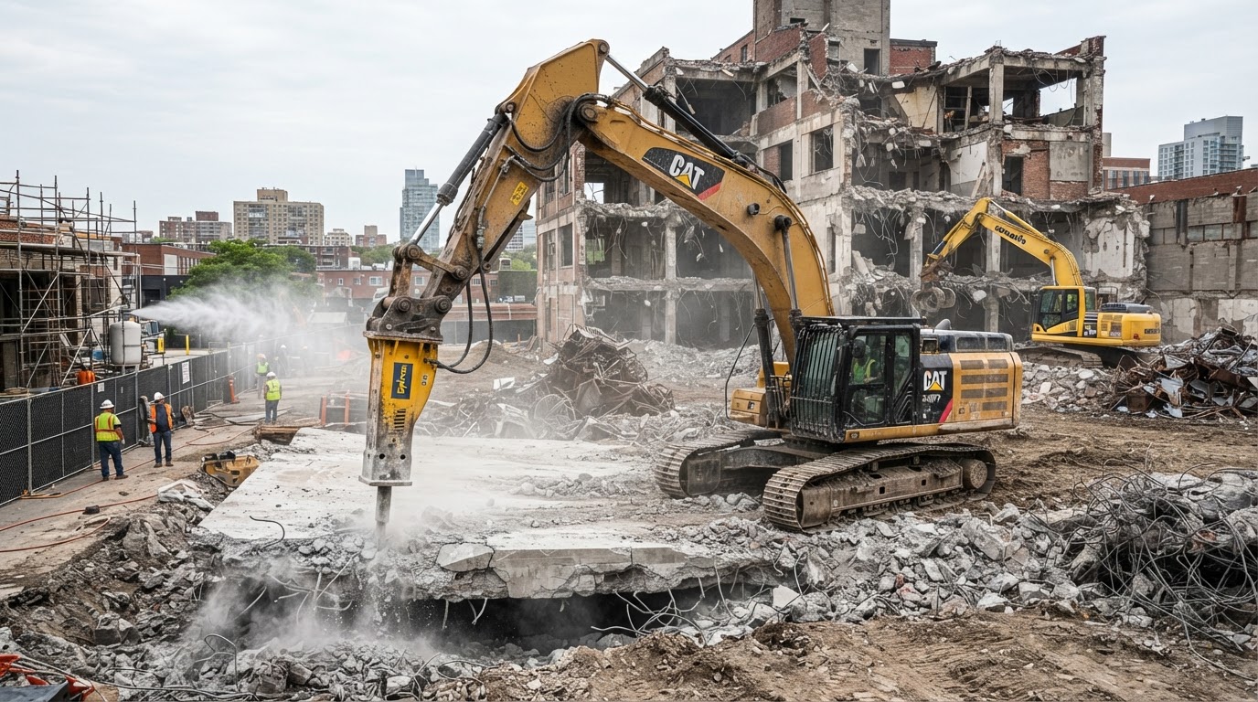 Excavator performing structure demolition