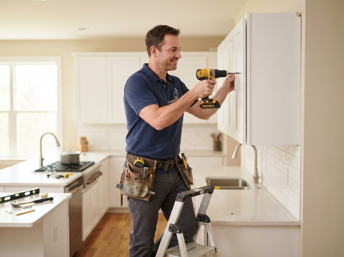 HomeMate Handyman professional installing cabinet in a Redding home