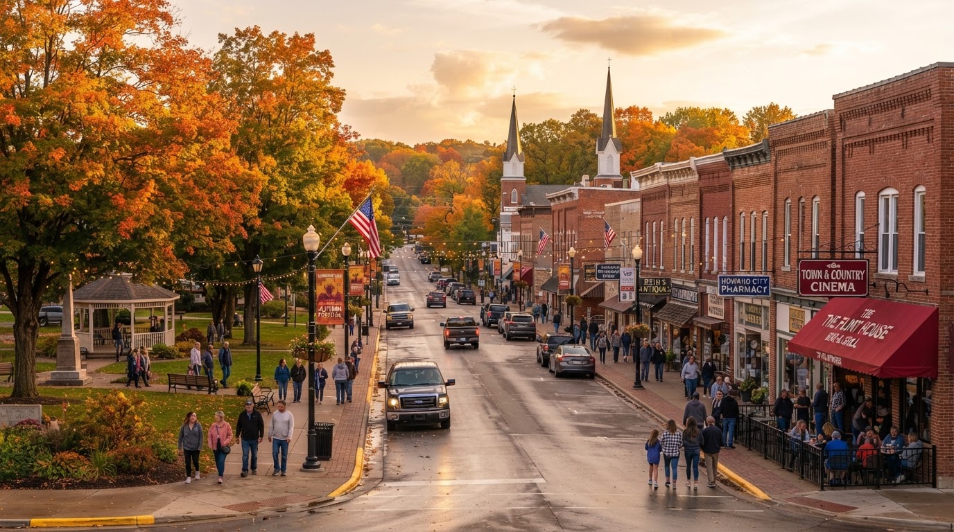 Howard City, Michigan village main street in autumn