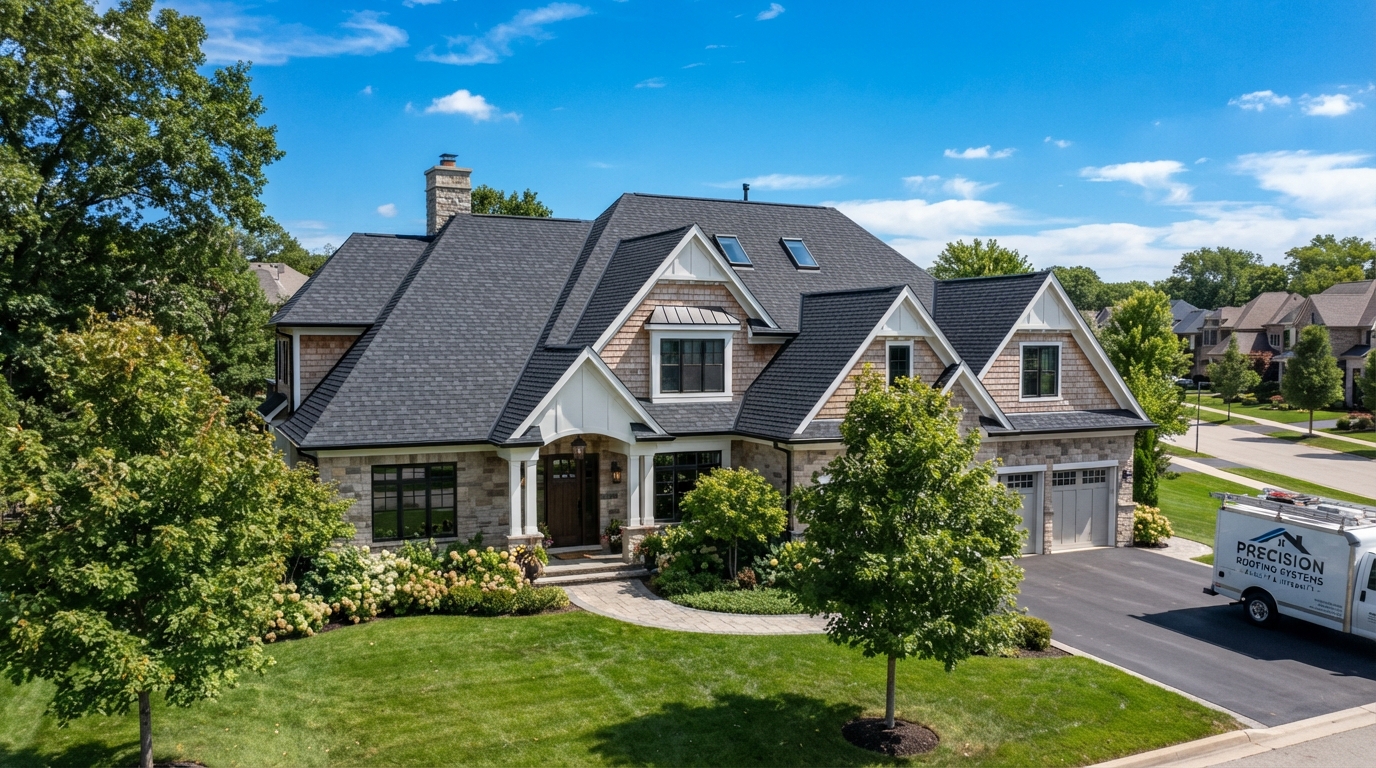 Completed roofing project on a beautiful suburban home