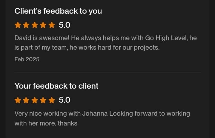 5-Star Platform Review — "David is awesome! He always helps me with Go High Level, he is part of my team." — Feb 2025